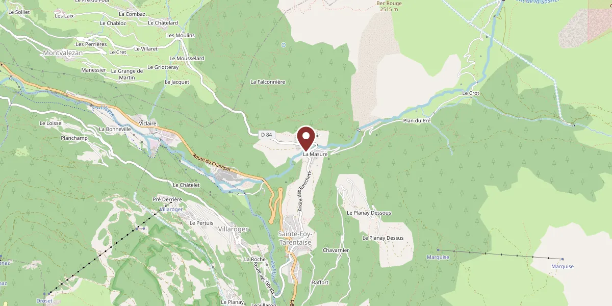 A map of the Tarentaise valley with Chalet La Tillette marked at La Masure, above Sainte-Foy-Tarentaise