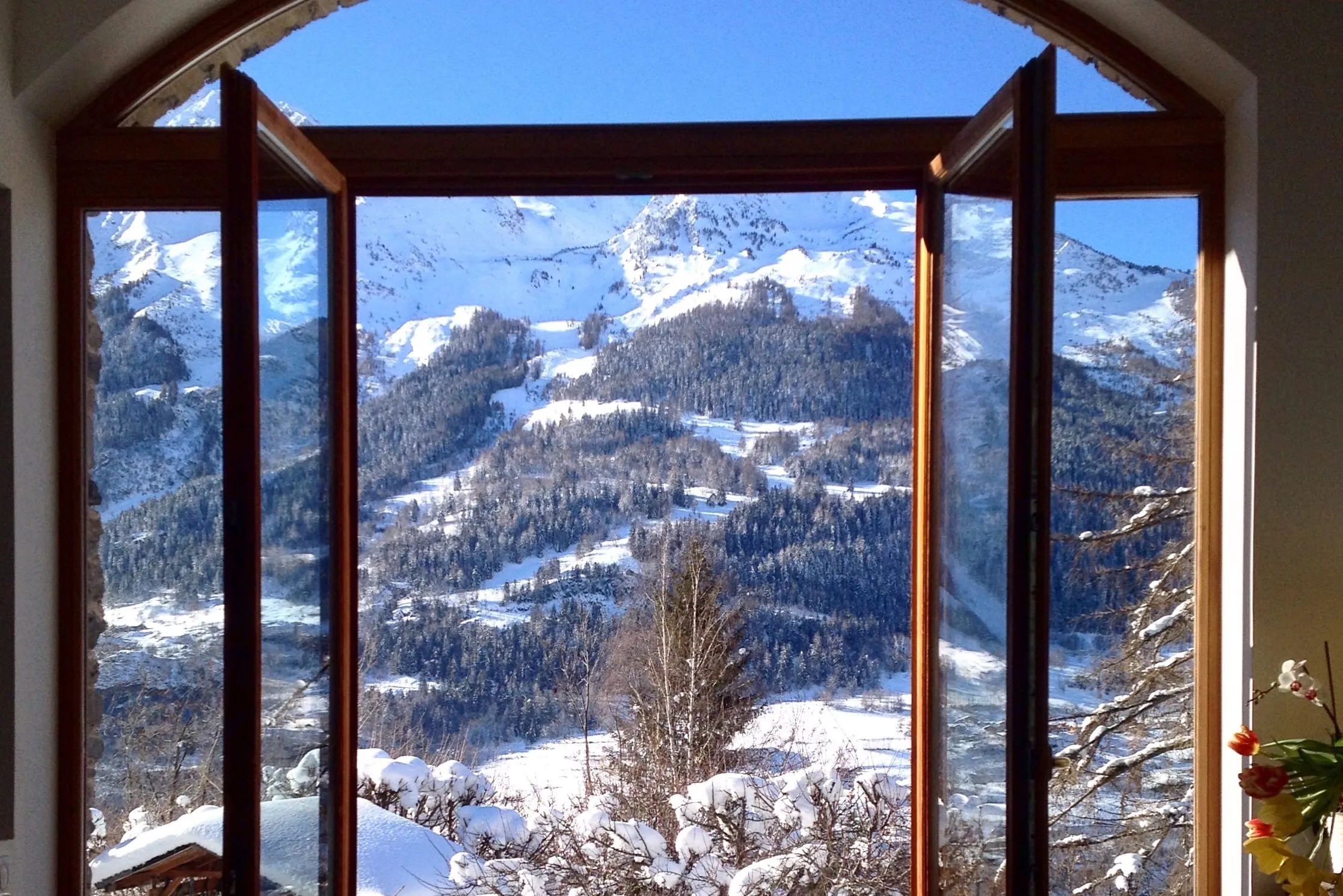 Snow-covered mountains seen from the dining table